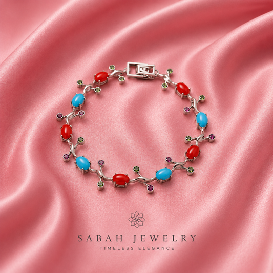 Ariël’s Natural Turquoise & Coral Bracelet in 925 Sterling Silver